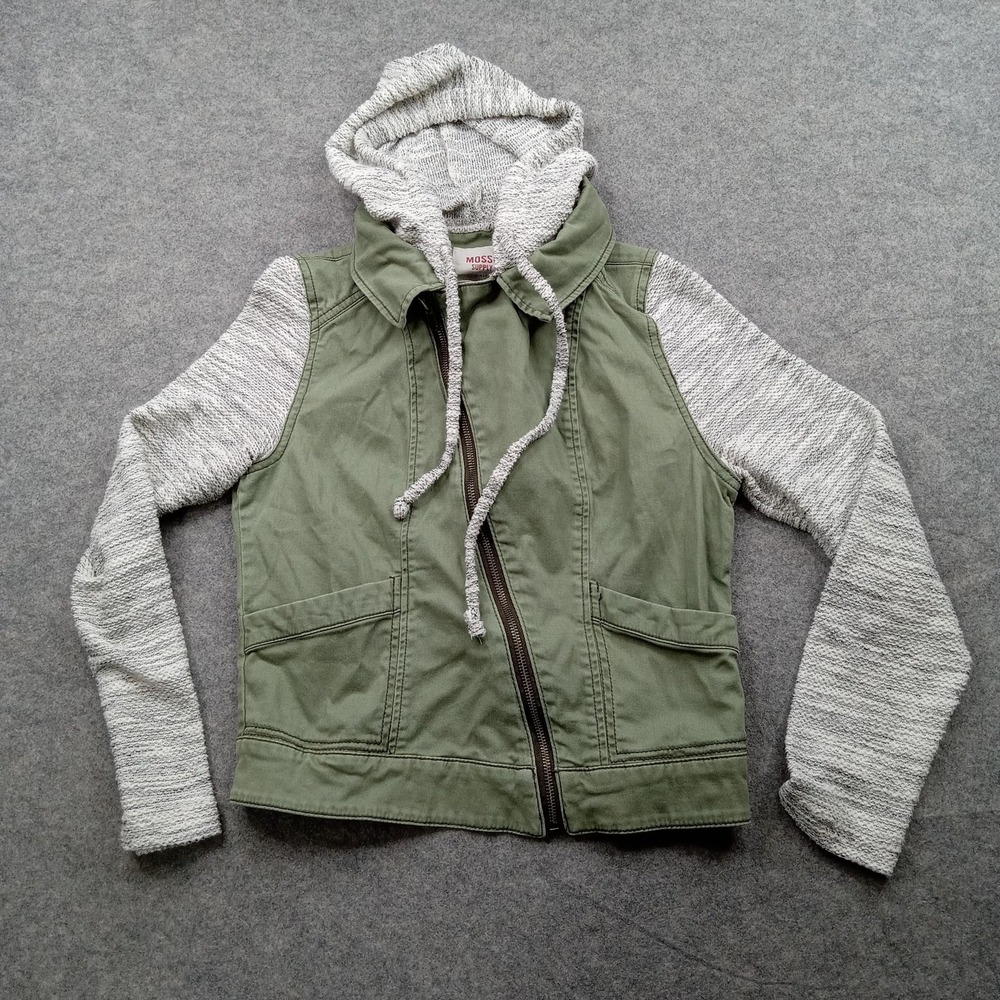 Mossimo Supply Jacket Womens Small‎ Green Gray Hooded Utility Zip Knit Sleeves